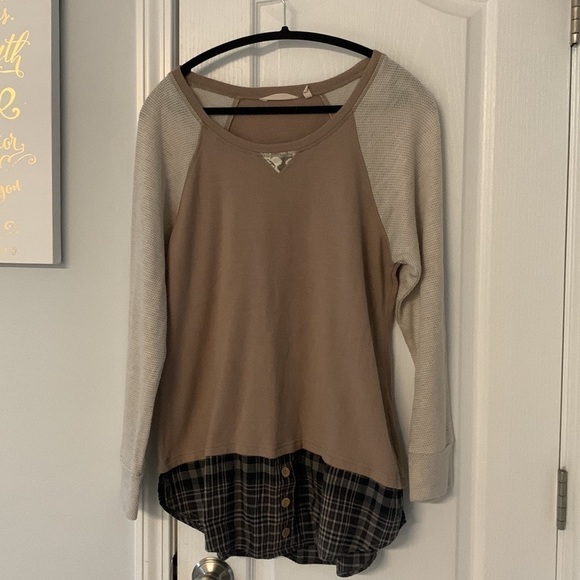 Soft Surroundings Alchemy Top size‎ L plaid cream tan long sleeves - Picture 6 of 11